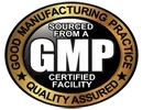 GMP certified facility seal. Gold and black circle with text, 
