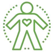 Green person with a heart in their chest, surrounded by a dotted circle.