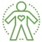 Green person with a heart in their chest, surrounded by a dotted circle.