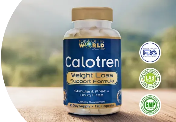 Bottle of Calotren weight loss capsules with FDA, lab, and GMP seals, blue label, beige capsules, blurred nature background.