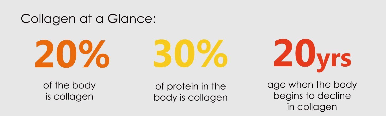 Infographic: Collagen facts. 20% of body is collagen; 30% of protein is collagen; collagen declines after age 20.