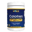 Calotren collagen peptides supplement container. Blue and gold label, white jar.
