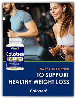 Calotren weight loss supplement ad: People running on treadmills, Calotren bottle in front, text: 