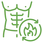 Outline of a torso with an icon of flames and arrows, representing fat burning.