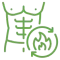 Outline of a torso with an icon of flames and arrows, representing fat burning.