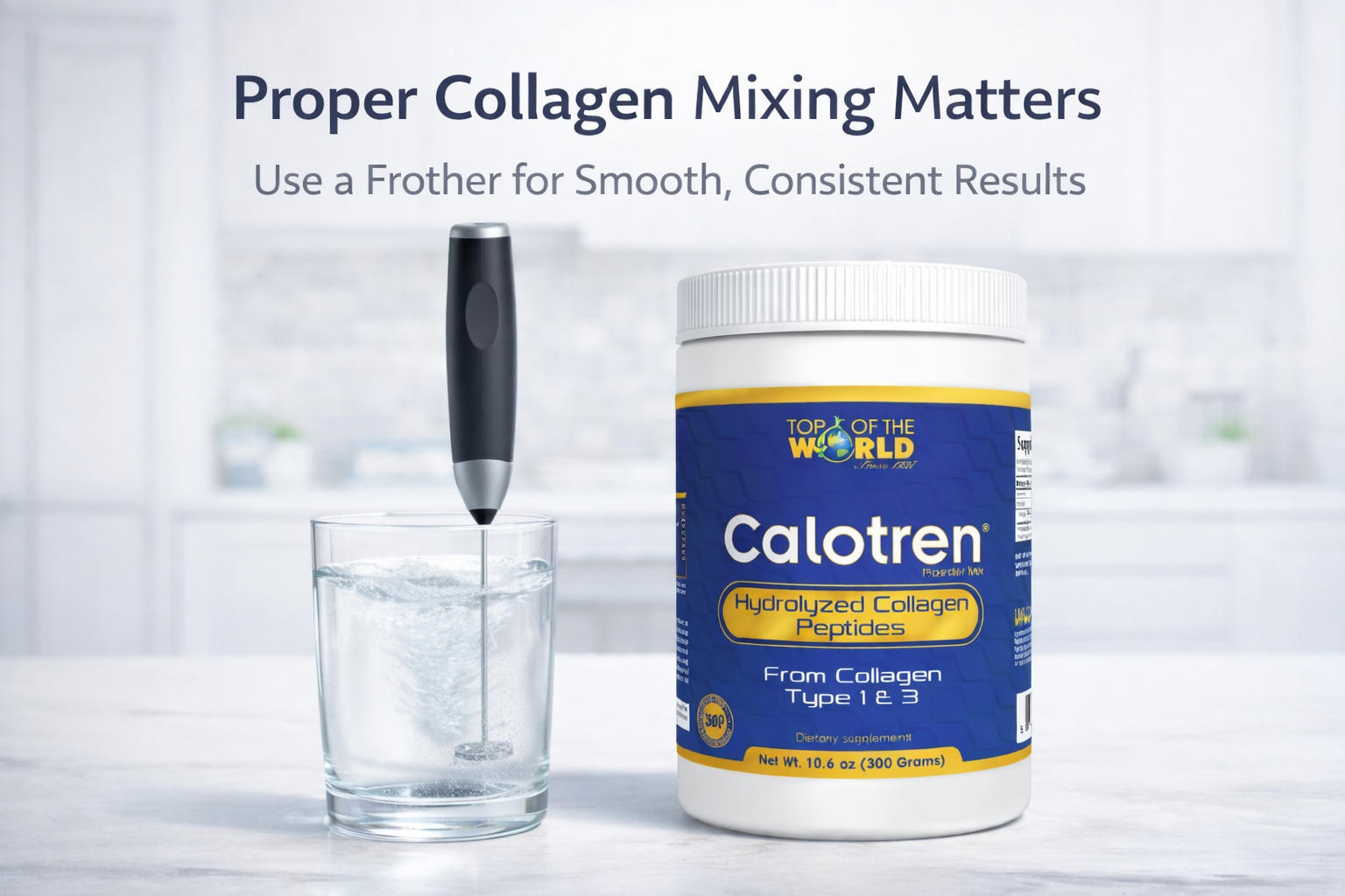 A frother mixing Calotren collagen powder in a glass. White jar, blue and gold label. Text: 