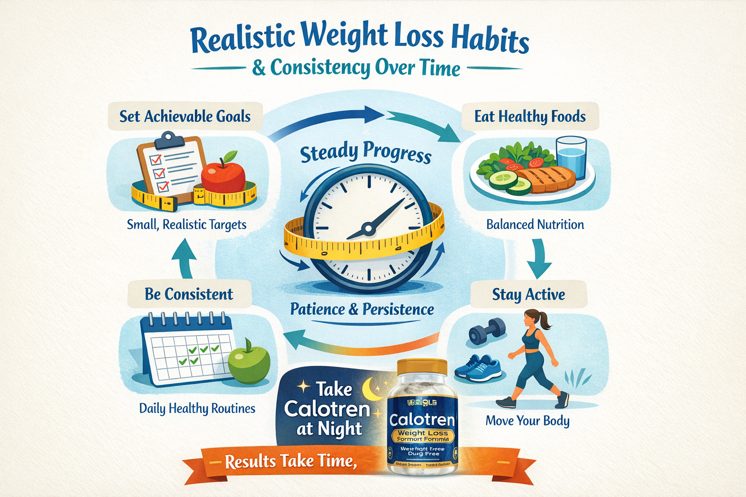 Infographic with weight loss habits: Set goals, eat healthy, stay active, be confident, and take Calotren.