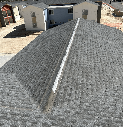 An aerial view of a roof with a row of houses in the background.