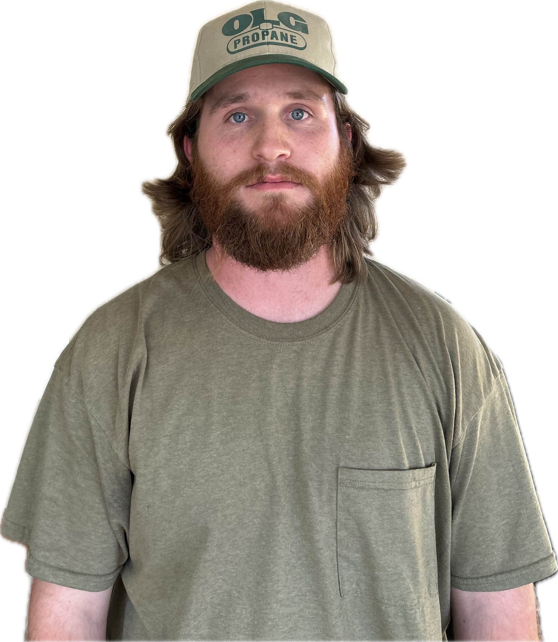 Man with long hair and beard wearing a green cap and t-shirt, looking forward.