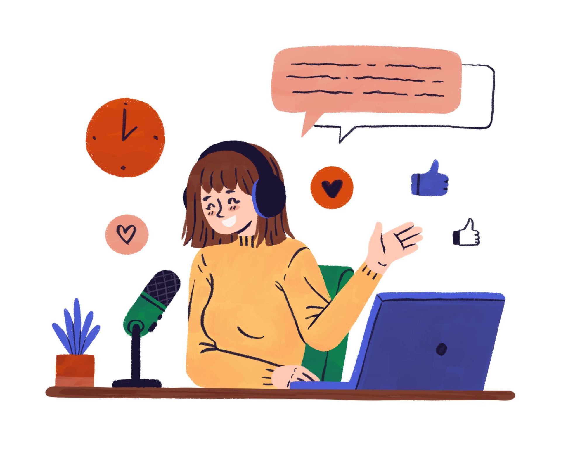 A woman is sitting at a desk with a laptop and a microphone.