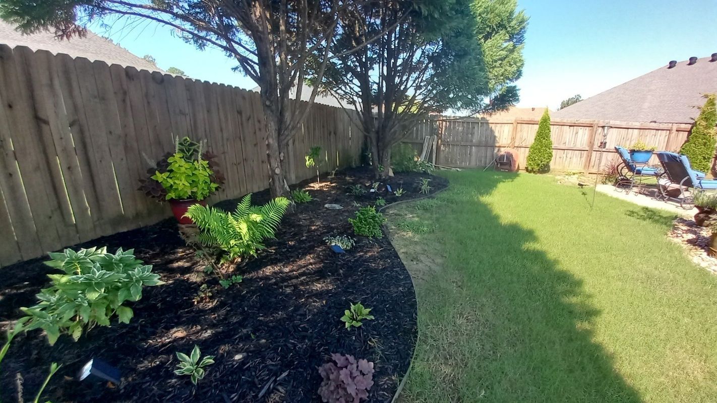 Landscaped backyard with mulch bed, grass, wooden fence, trees, and blue sky