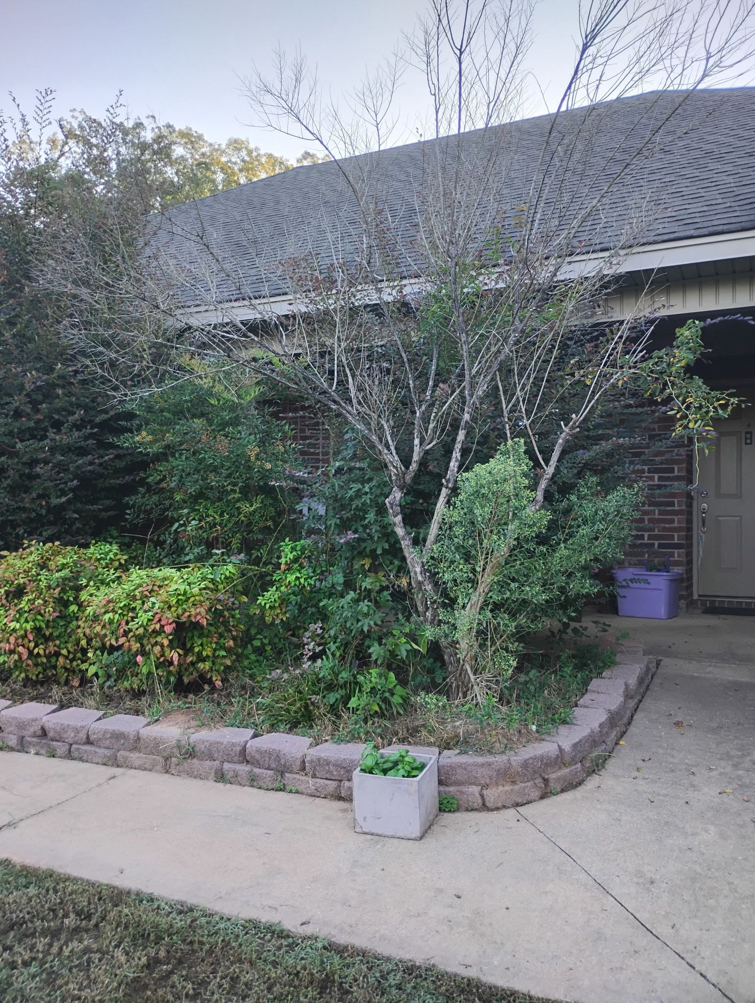 Small garden bed with stone retaining wall in front of brick house