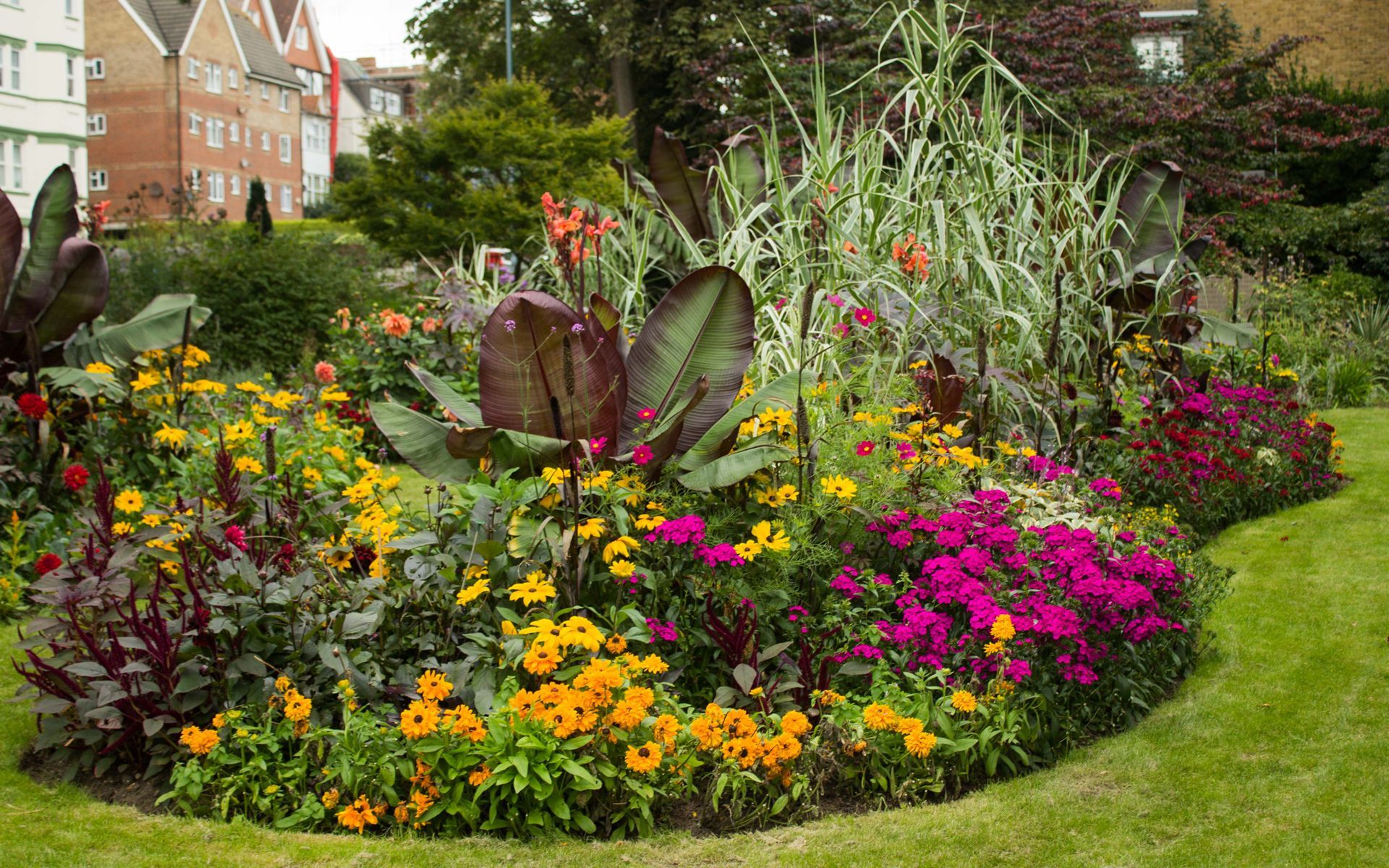 Flower bed in a park with yellow, orange, and purple flowers