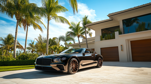 A black sports car is parked in front of a large house.