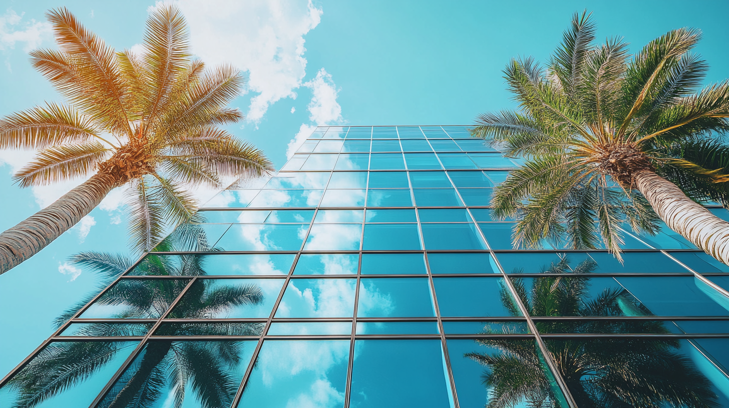Looking up at a tall building with palm trees in front of it.