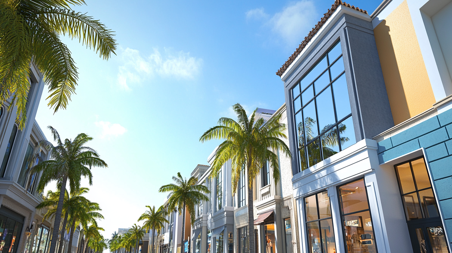 A row of buildings with palm trees on the side of them