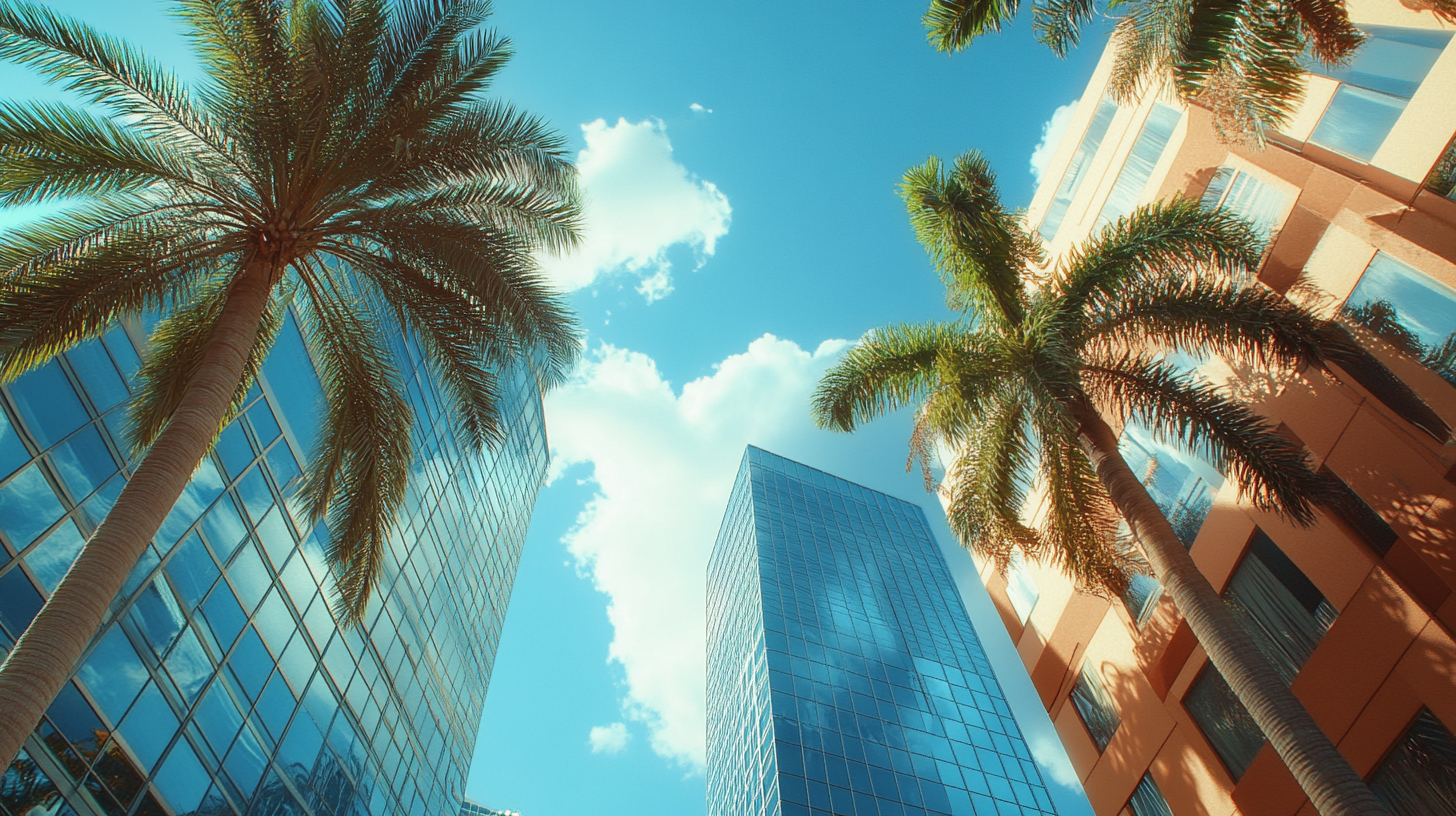 Looking up at palm trees and tall buildings in a city
