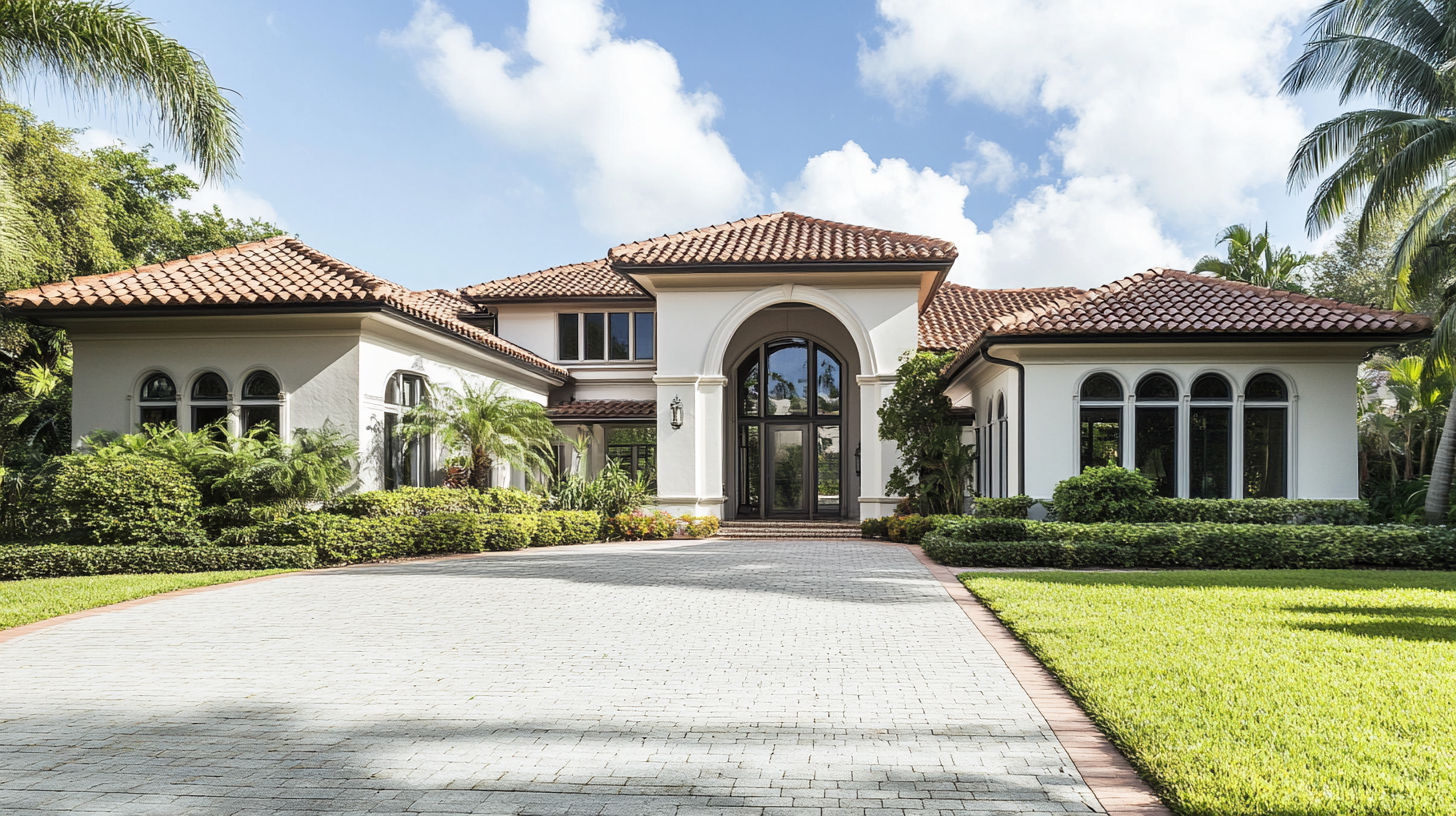 A large white house with a tiled roof and a driveway leading to it.