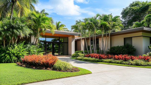 A house with a driveway leading to it is surrounded by trees and flowers.