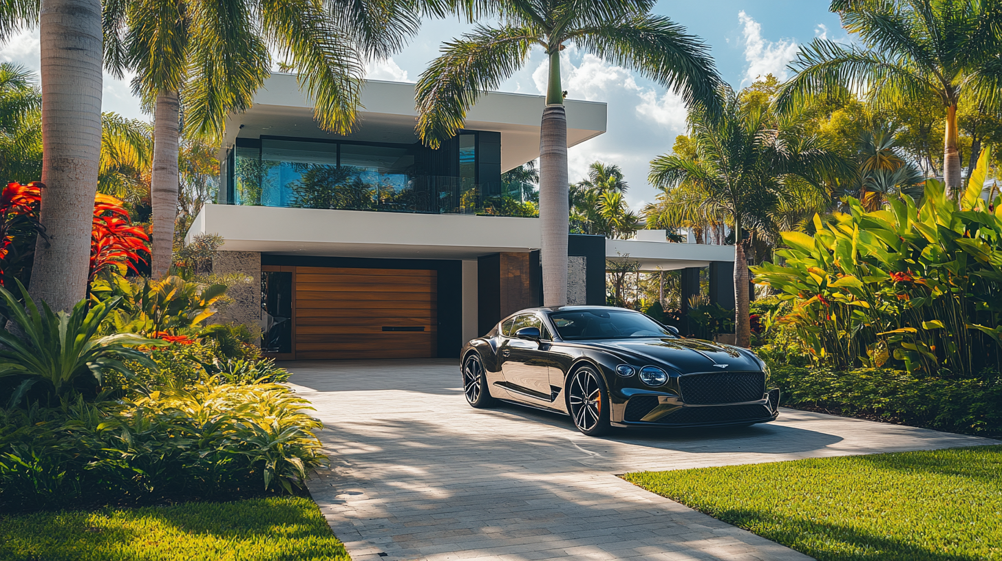 A black car is parked in front of a modern house.