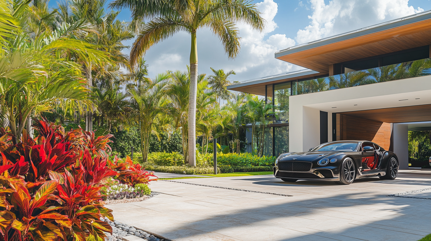 A black sports car is parked in front of a modern house.