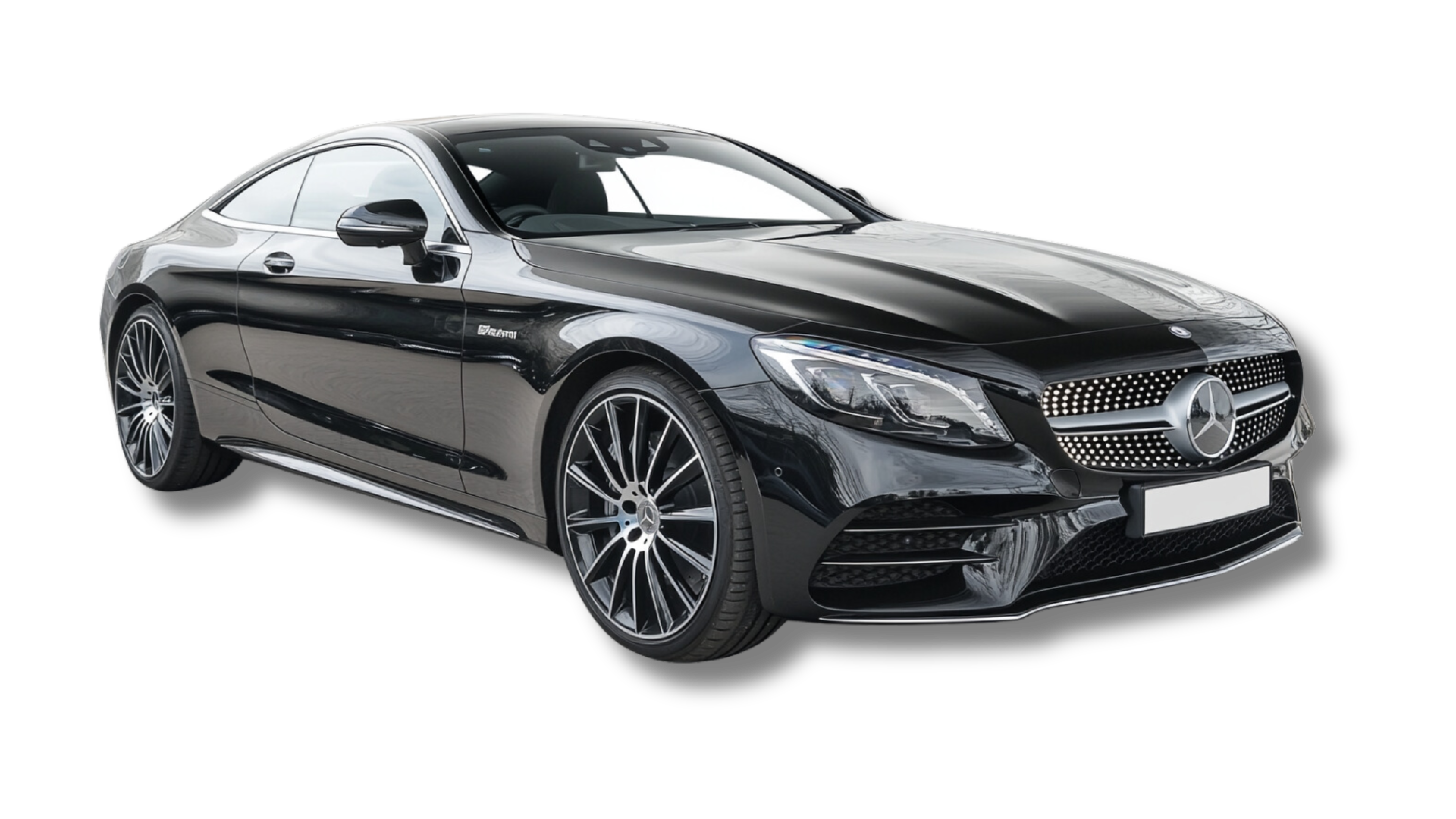 A black mercedes c class coupe is shown on a white background.