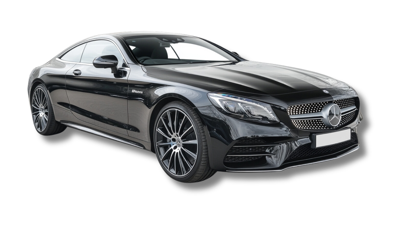 A black mercedes c class coupe is shown on a white background.