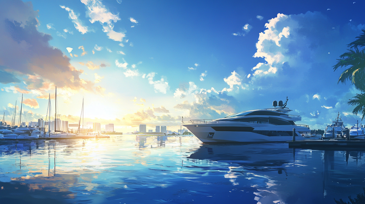 A large yacht is docked in a harbor at sunset.