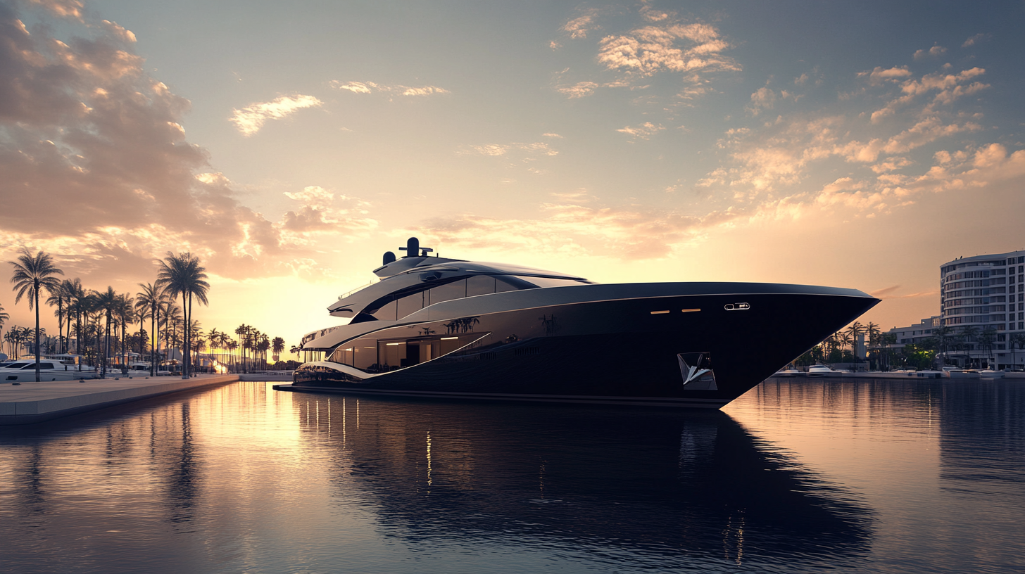 A large yacht is docked in a harbor at sunset.