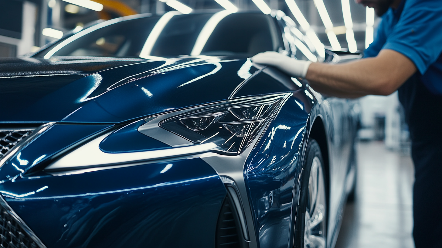 A man is working on a blue car in a factory.