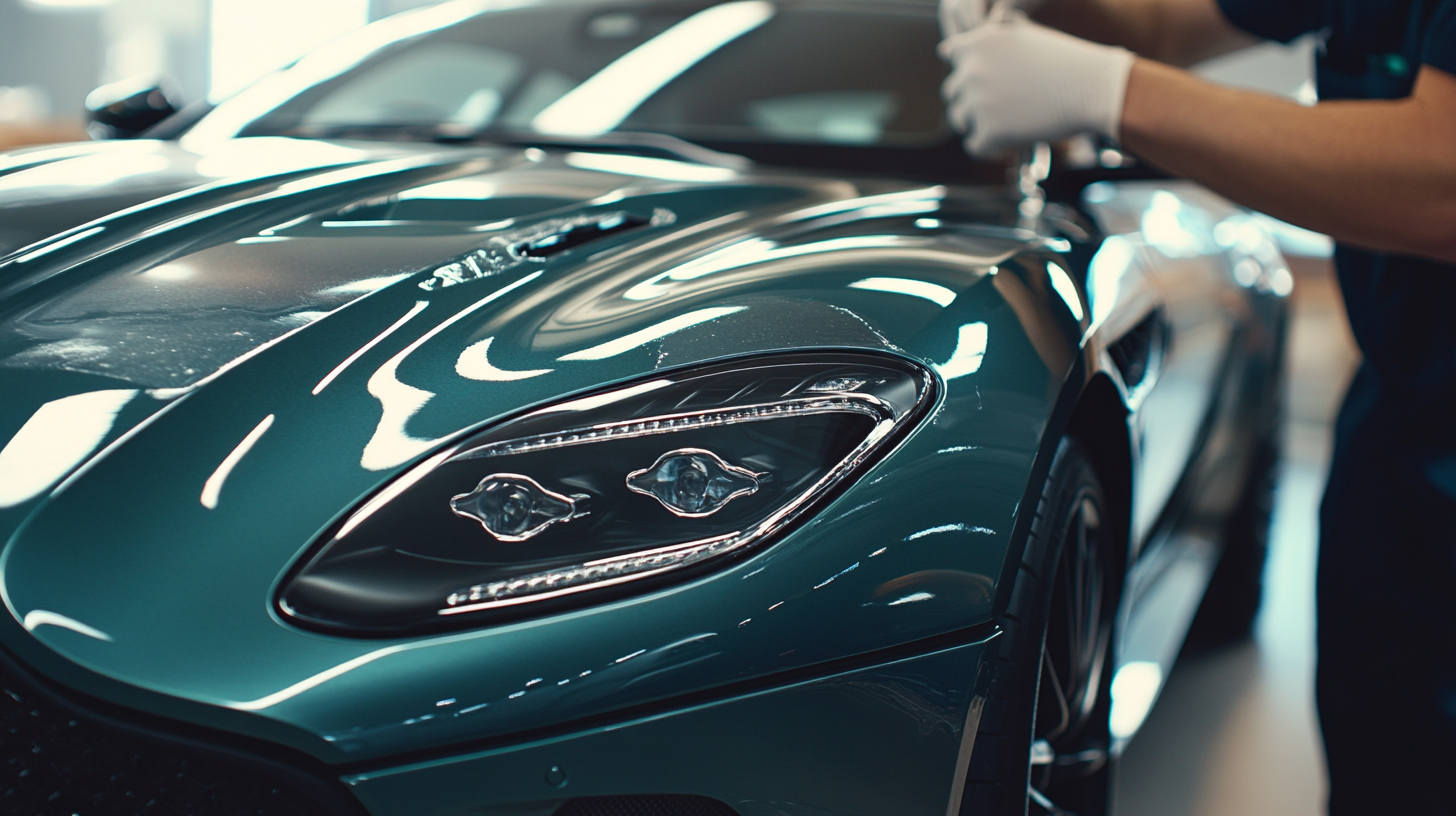 A man is polishing a green sports car in a garage.