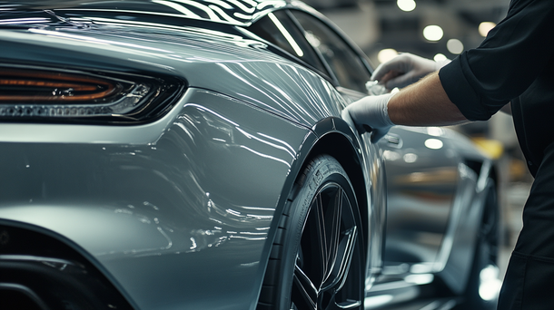 A man is polishing the side of a car in a factory.