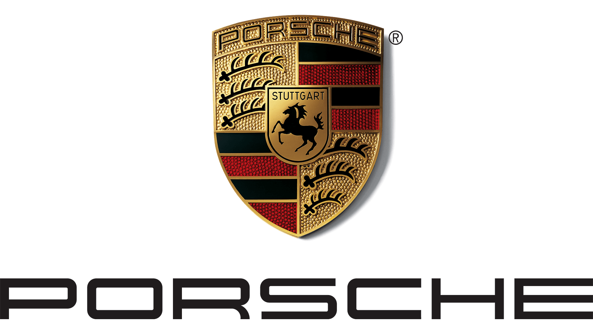 The logo for porsche is shown on a white background