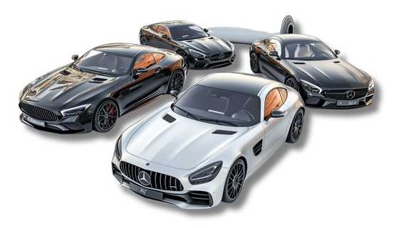 A group of mercedes benz cars are sitting next to each other on a white background.