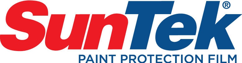 The suntek paint protection film logo is red and blue