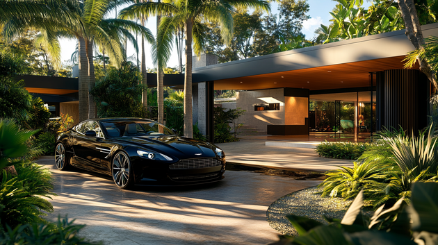 A black car is parked in front of a house surrounded by palm trees.
