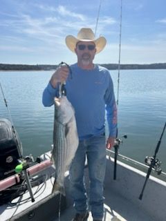 A person wearing a cowboy hat and light blue shirt holds a large striped bass fish while standing on a fishing boat.