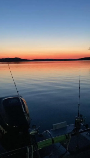 Kayakers on a blue lake, a green grassy foreground, trees in the background under a blue sky.