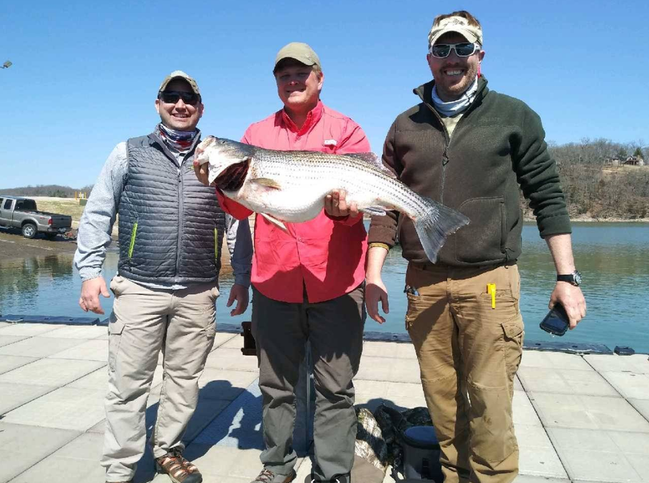 Three men holding a large fish, smiling near water and a truck on a sunny day.