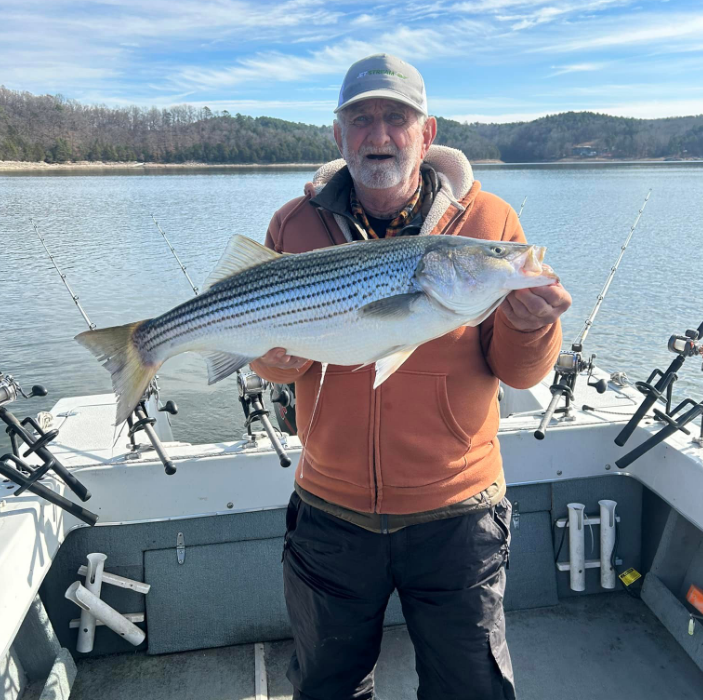Man on boat holding large striped bass, posing for the camera with rods in background.