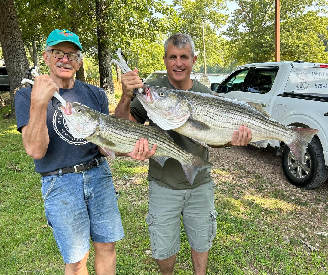 Two men holding up large striped bass they caught outdoors near a truck.