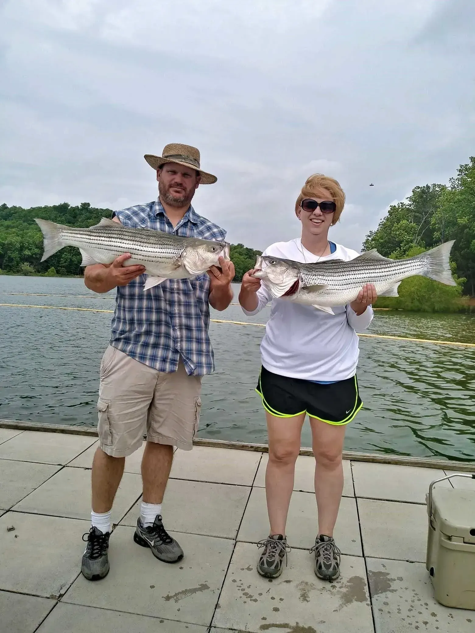 Two people holding large striped fish on a dock, overcast sky in background.