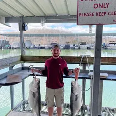 Man holding two large fish at a marina. He is smiling and wearing a maroon shirt and khaki shorts.