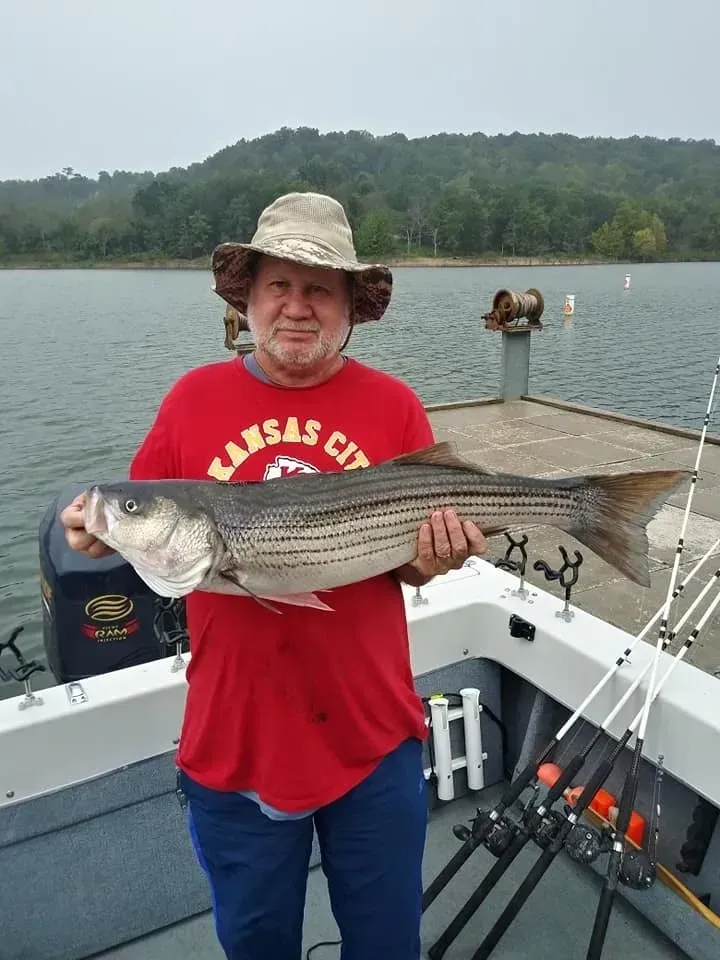 Man in red shirt holding a large striped fish on a boat, lake in the background.