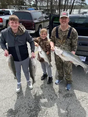 Three people holding striped bass. Outdoors, near vehicles, with water in the background.