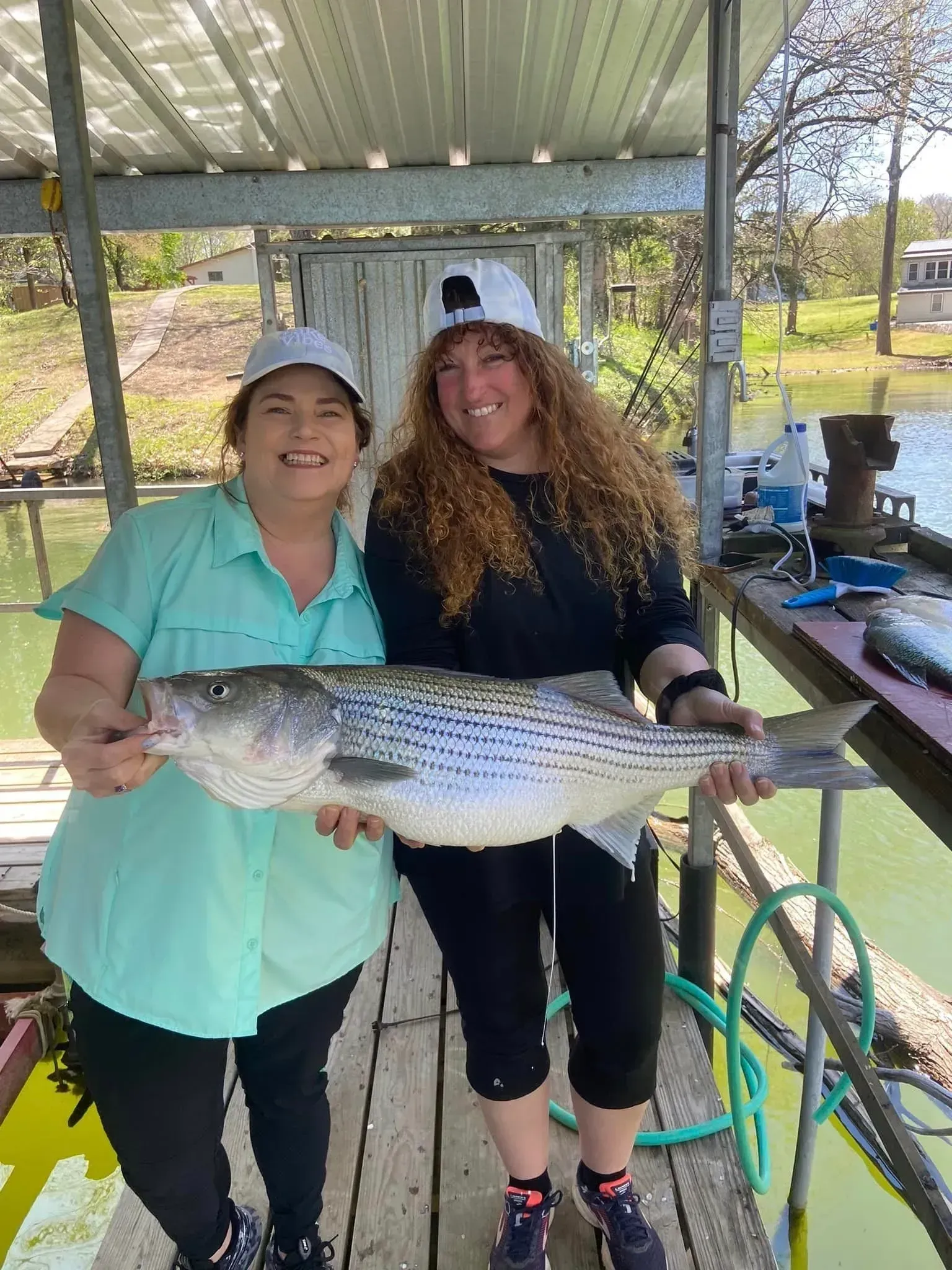 Two women holding a large striped bass fish on a dock.