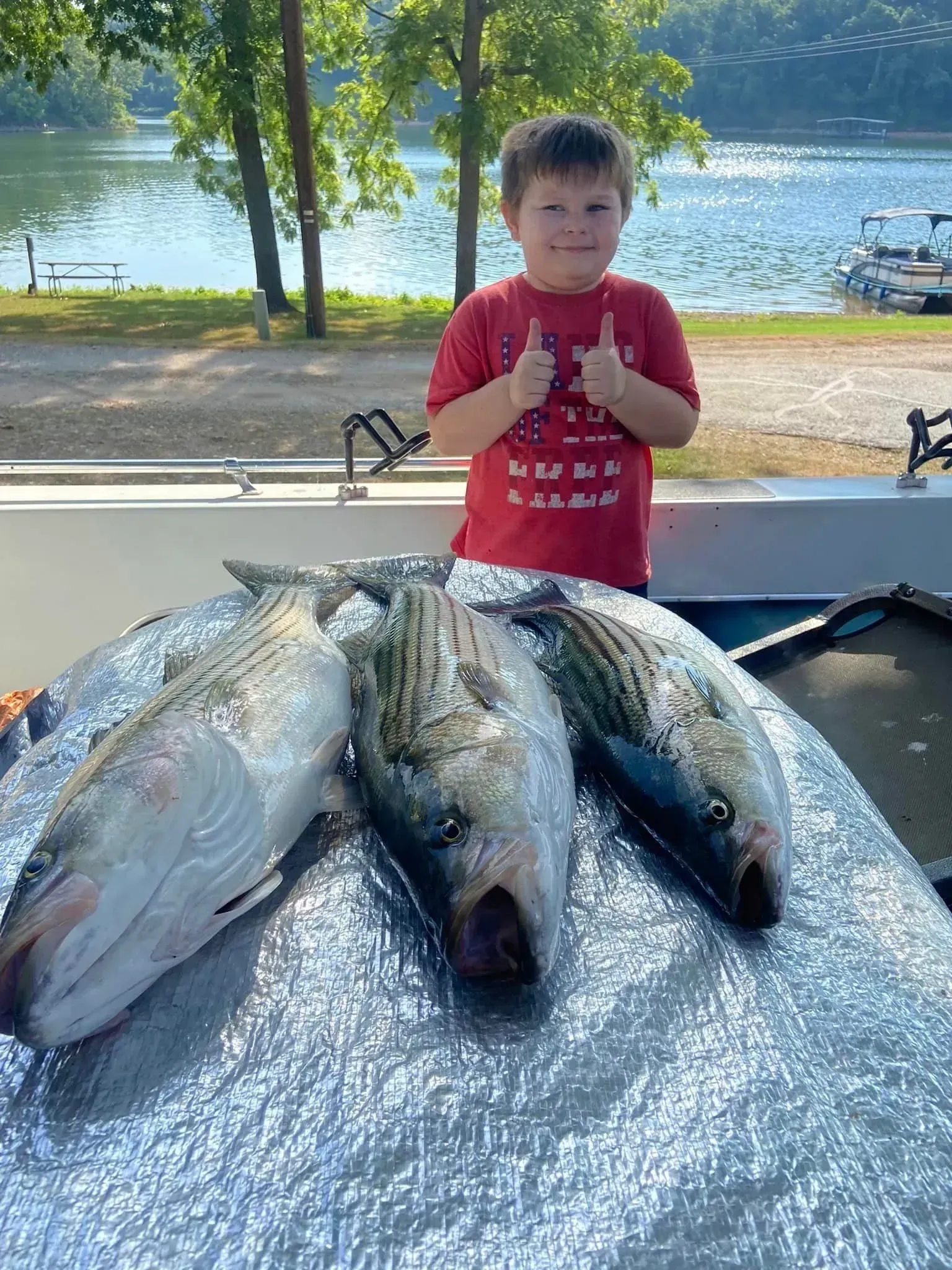 Boy giving thumbs up next to three striped fish on a table near a lake.