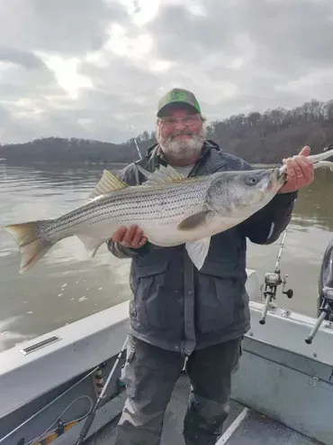 Man on boat holds up a large striped bass fish, caught from the water; overcast skies in background.
