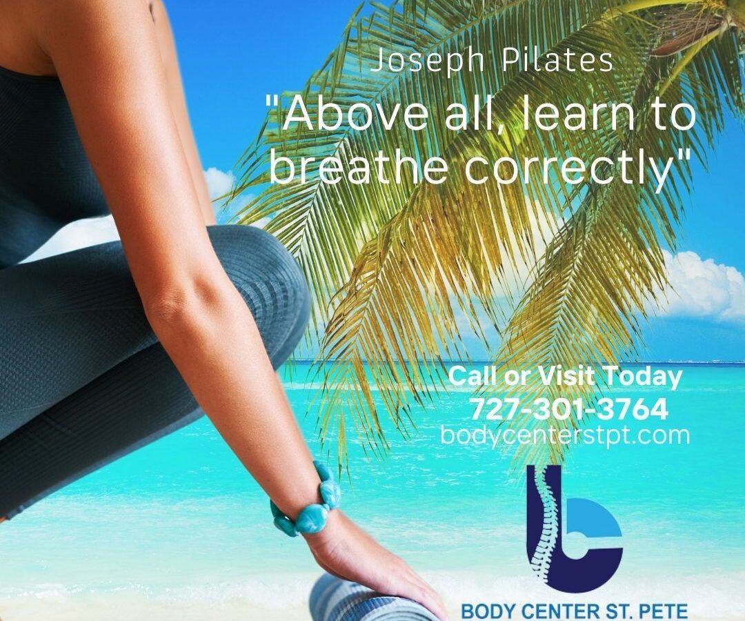 An advertisement for joseph pilates above all learn to breathe correctly