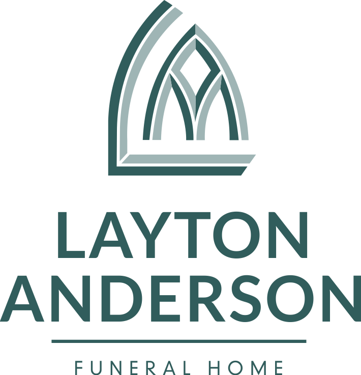 Logo for Layton Anderson Funeral Home: teal arch design over the name in dark teal, with a tagline 